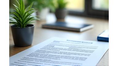 Бланк документов с печатью и зеленое растение на фоне.