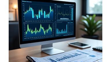 Графики и финансовые отчеты на экране компьютера.