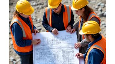 Члены команды обсуждают план проекта на строительной площадке.