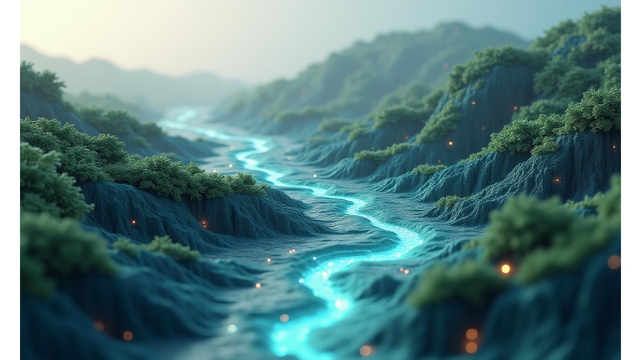 Схематичное изображение геологических наслоений, сочетающееся с прозрачными элементами, символизирующими данные и технологии