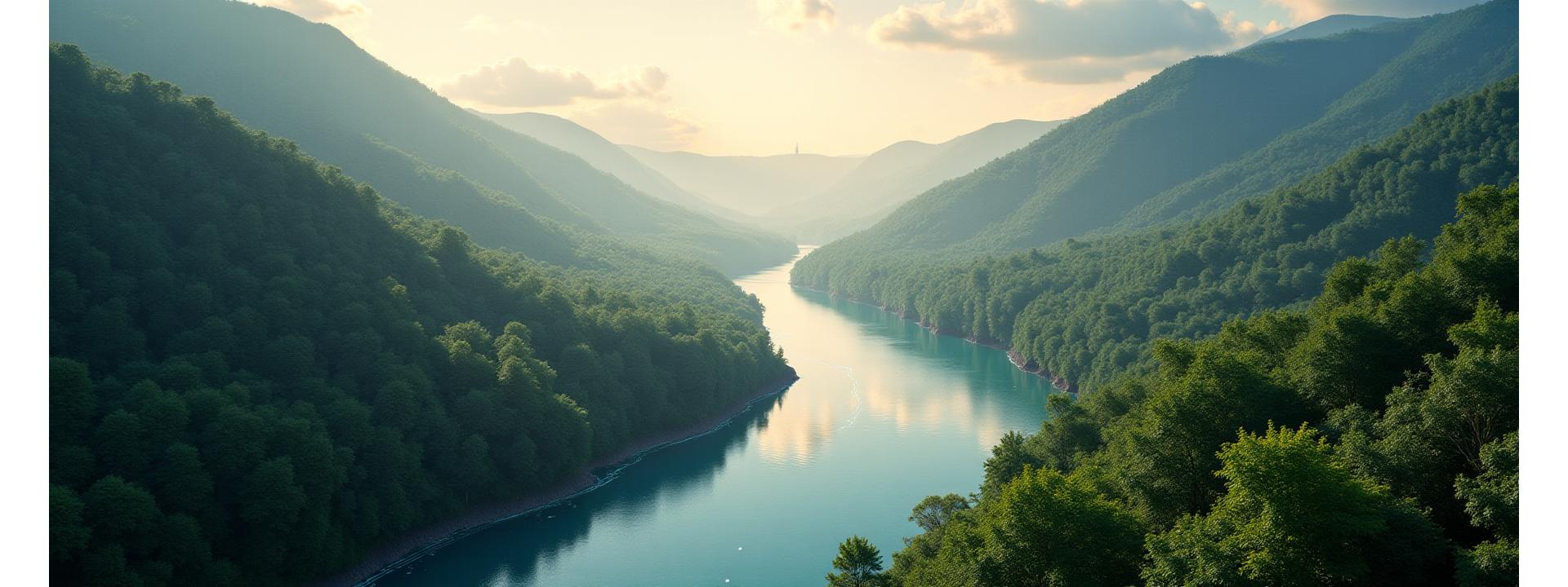 Футуристический, безмятежный пейзаж, символизирующий гармонию между горнодобывающей промышленностью и природой, с прозрачными элементами данных, наслаивающимися на водные пути и леса.