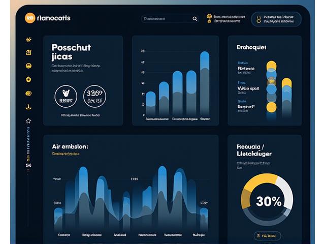 Цифровой дашборд с графиками и индикаторами, отображающими ключевые экологические показатели, такие как качество воды, выбросы в атмосферу и уровень шума.