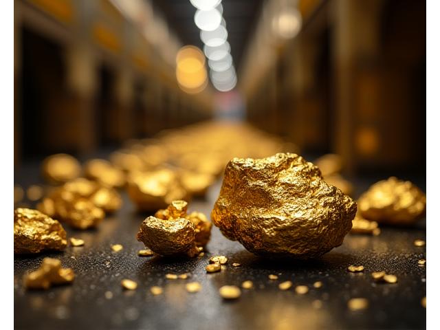 Крупным планом самородок золота на фоне шахты