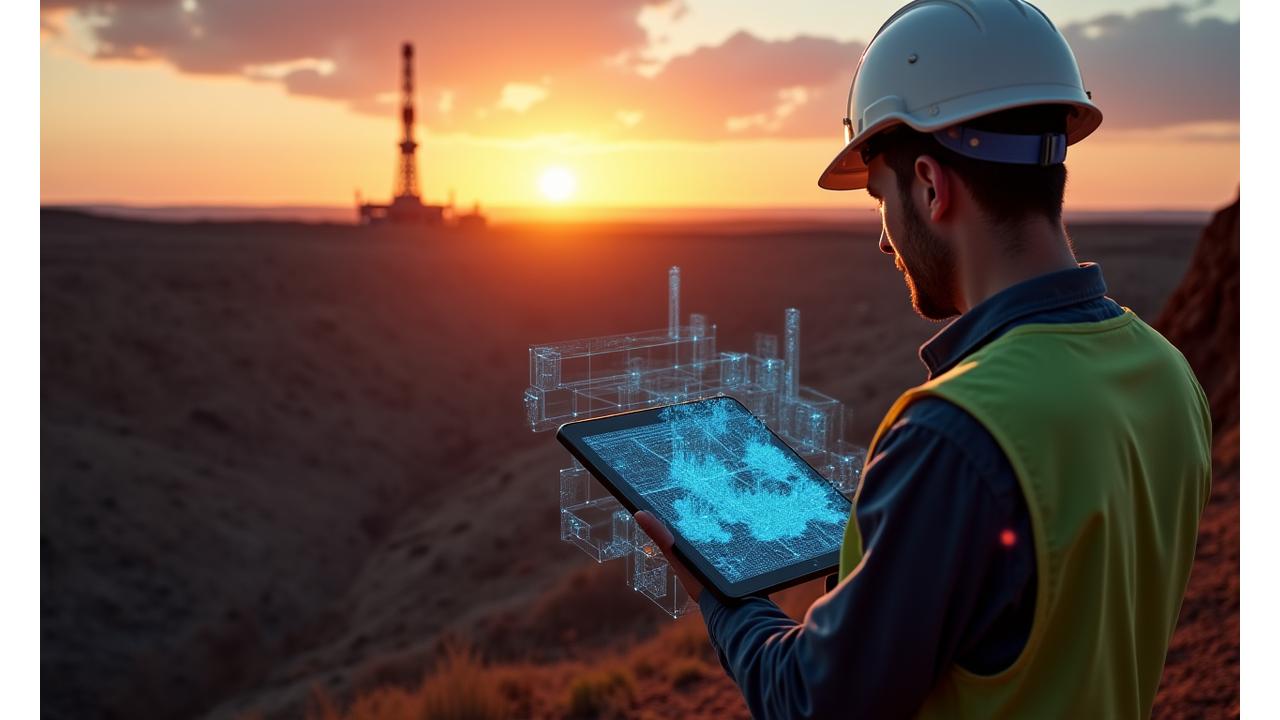 Геолог с планшетом, анализирующий данные на фоне месторождения