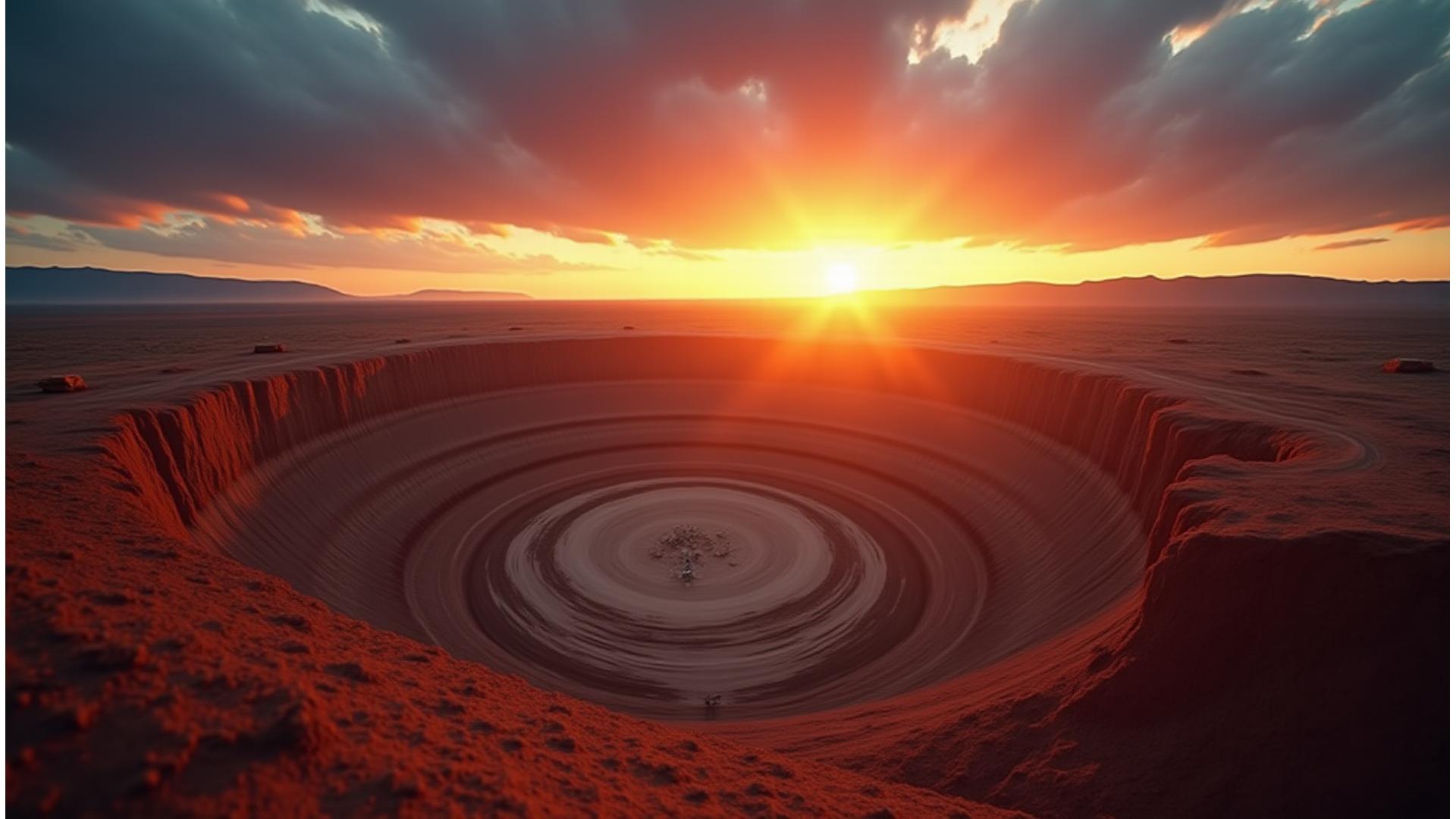 Величественный открытый рудник в австралийской пустыне на закате, демонстрирующий масштабные операции и современную технику. Небо окрашено в оранжевые и синие тона.