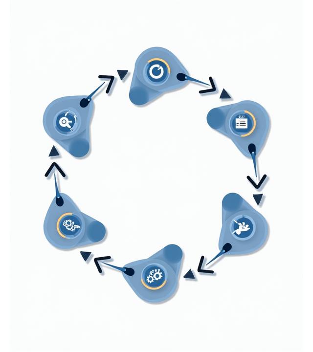 Визуализация шестиэтапного процесса консалтинга Strata Solutions: анализ, разведка, стратегия, обоснование, реализация, мониторинг с иконками