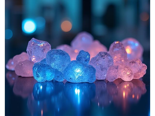 Фрагменты литиевых минералов и редкоземельных металлов, подсвеченные в лаборатории