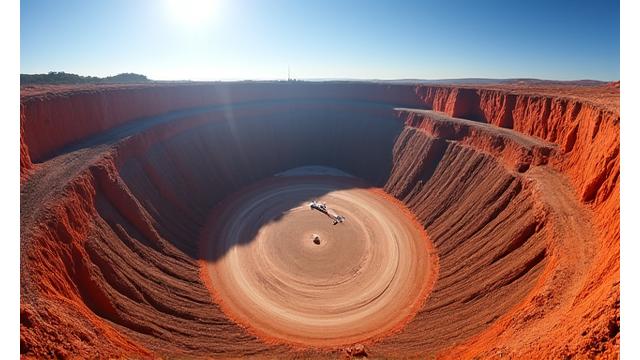 Панорамный вид на крупный открытый рудник с террасами и тяжелой техникой под ярким австралийским солнцем.