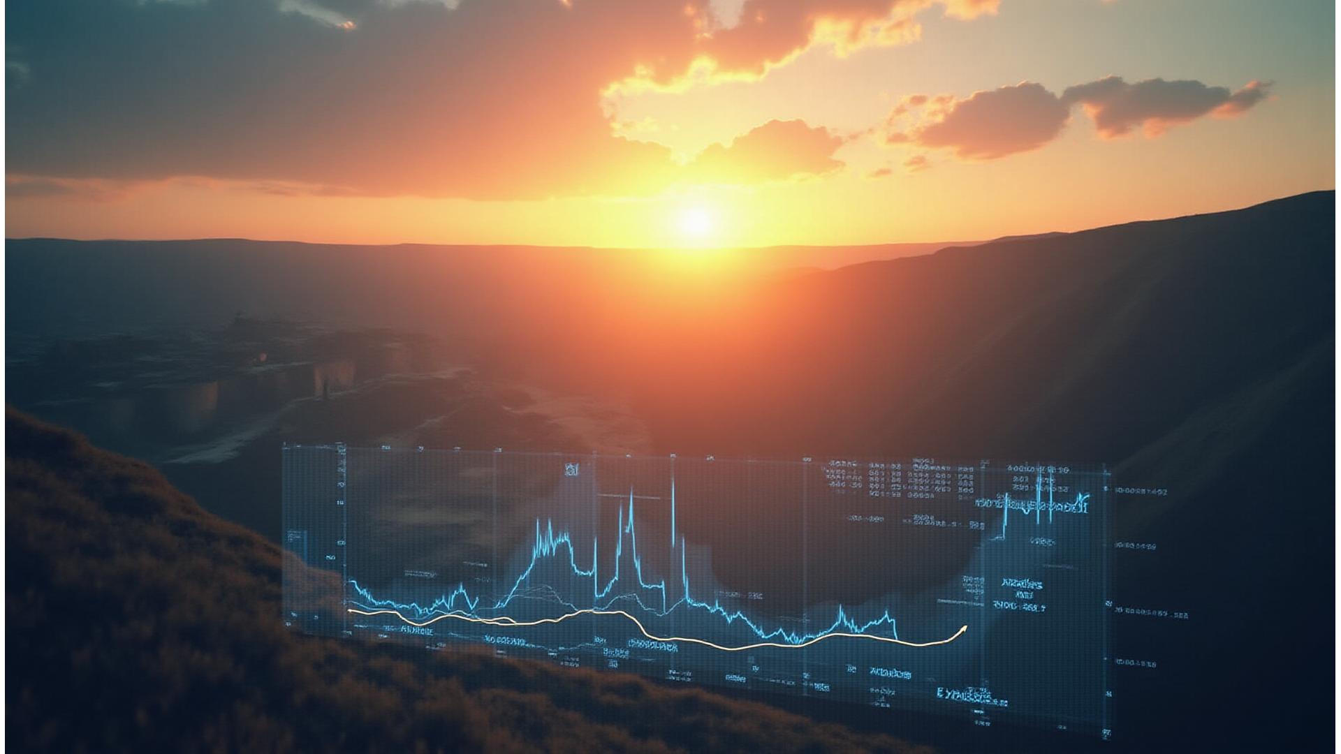 Панорамный вид на современный открытый рудник на закате, с визуализацией линий оптимизации и увеличенной рентабельностью в виде прозрачных графиков, наложенных на изображение.