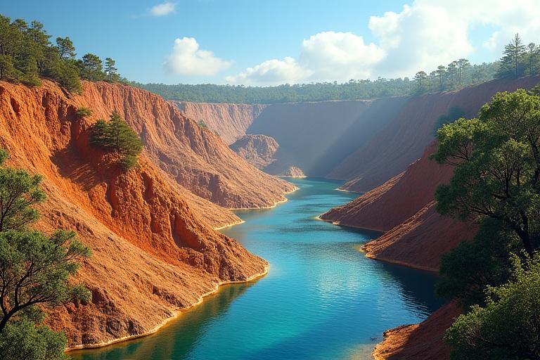 Изображение, демонстрирующее гармоничное сочетание горнодобывающей деятельности и восстанавливающегося ландшафта: на одной стороне виден активный рудник, а на другой – успешно рекультивированная территория с зеленью и живописным прудом.