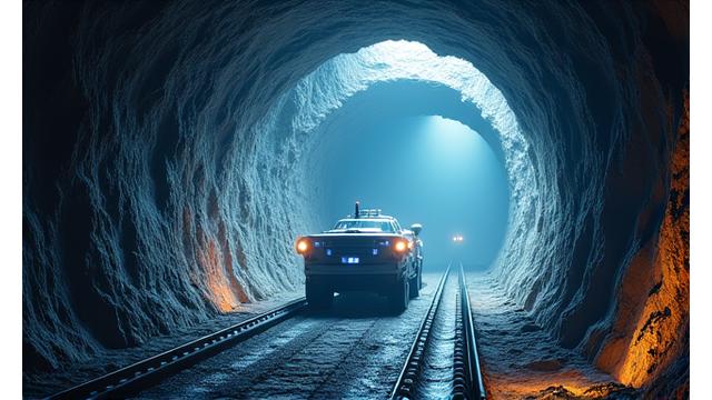 Изображение современного подземного туннеля с работающим горнодобывающим оборудованием, освещенное ярким светом.