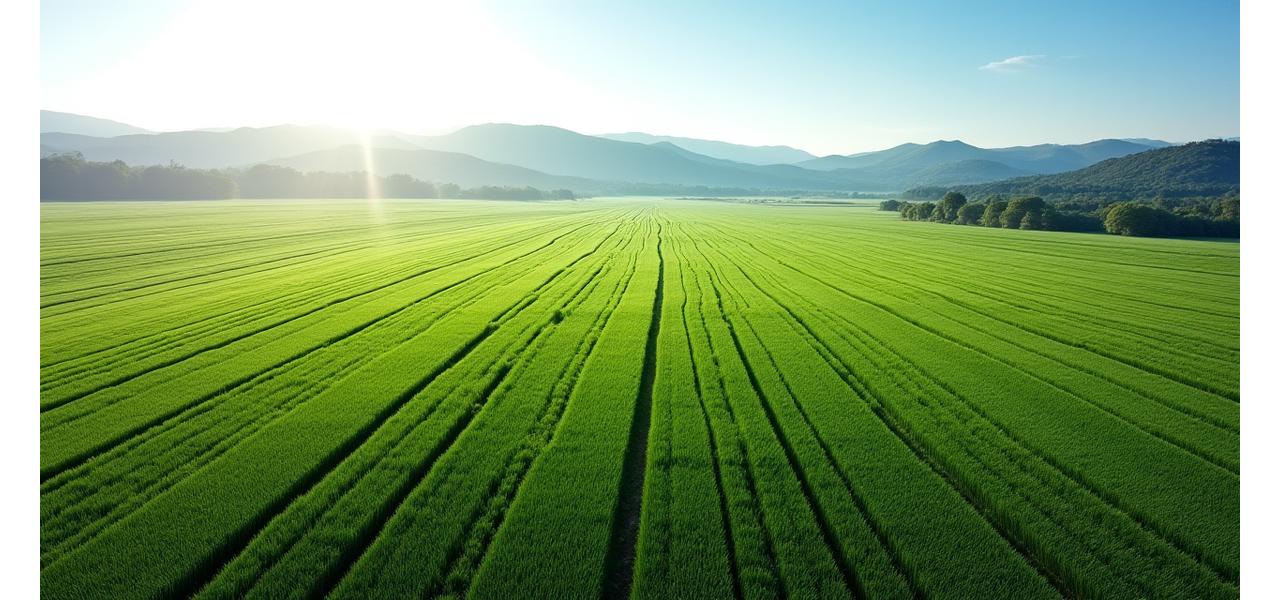 Обширные сельскохозяйственные угодья, где раньше располагался горнодобывающий объект, с пышными посевами и современной ирригационной системой.
