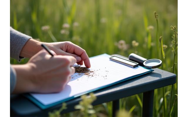 Ученый собирает образцы почвы и растительности для анализа биоразнообразия на реабилитированном участке.