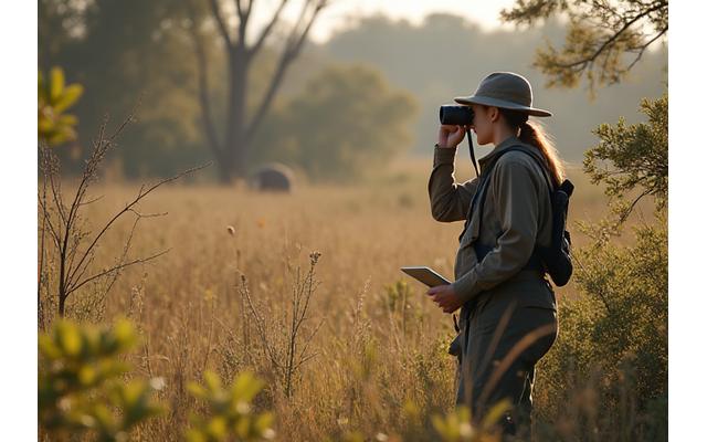 Команда экологов, использующая дроны для мониторинга популяций диких животных в недавно реабилитированной зоне.