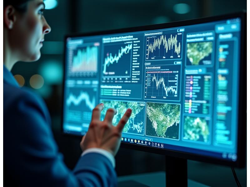 Цифровой дашборд, показывающий интерактивные графики и карты с данными о восстановлении биоразнообразия, качестве почвы и воды на нескольких реабилитированных участках.