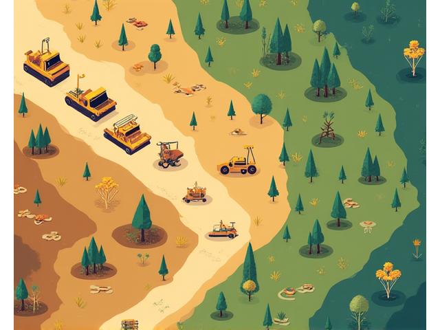 Схема, показывающая параллельные процессы добычи полезных ископаемых и поэтапной реабилитации земель на временной шкале.