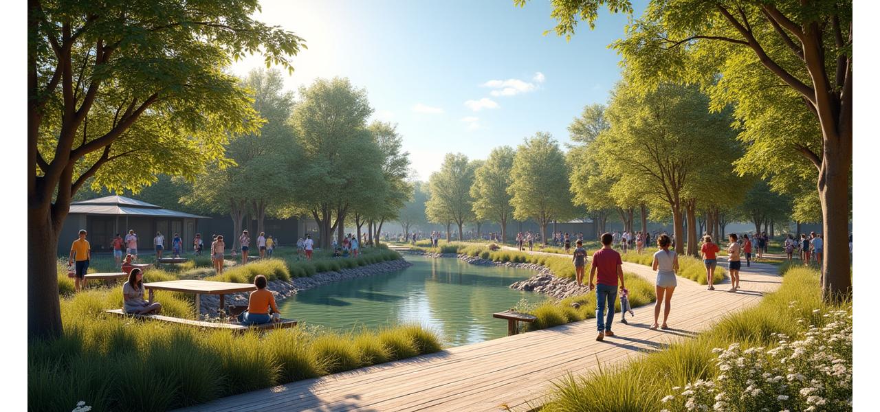 Живописный парк с пешеходными дорожками, озером и детской площадкой, созданный на месте бывшей шахты.