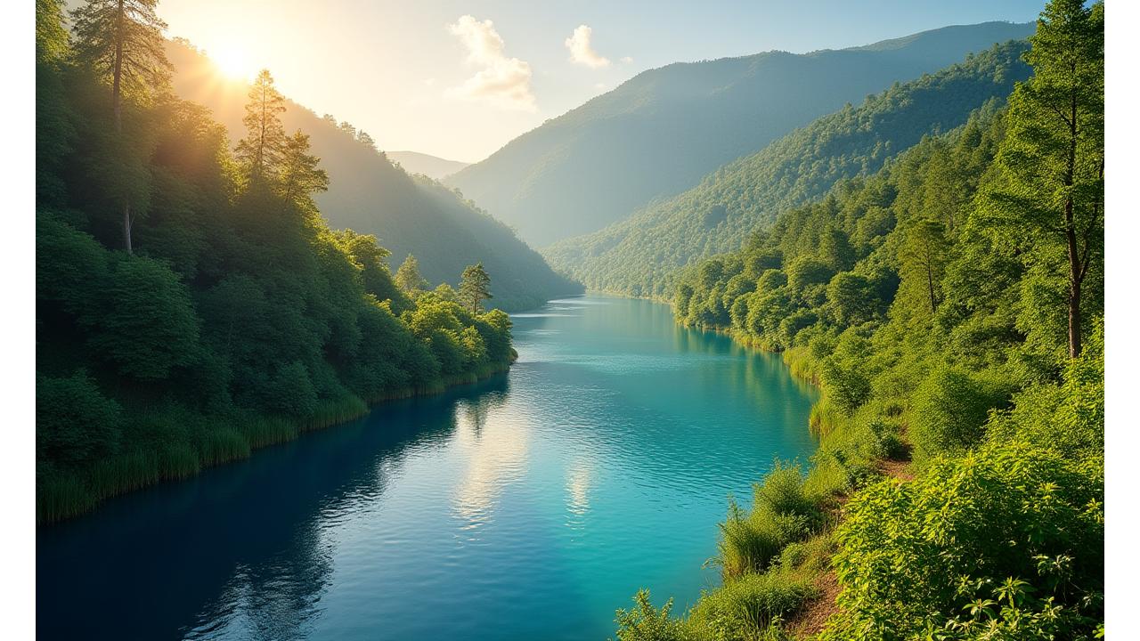 Процветающий ландшафт после реабилитации шахты, с яркой зеленью, чистыми водоемами и солнечным небом, демонстрирующий принципы 'восстановить лучше, чем было'.