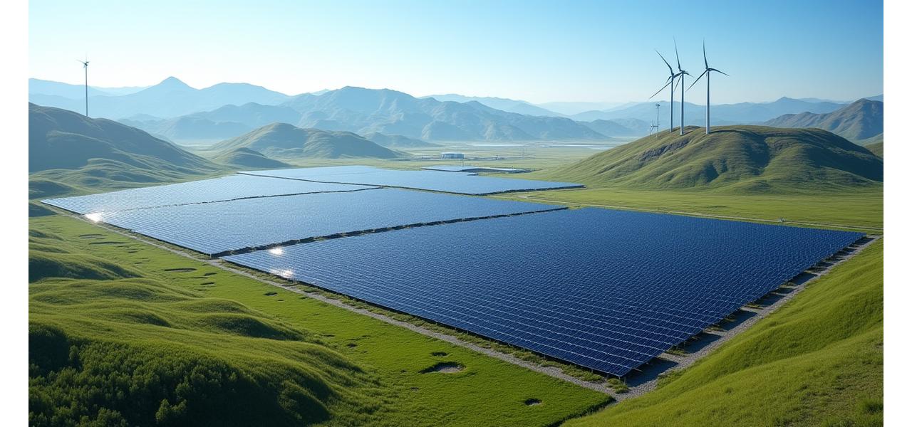 Солнечная ферма на обширной восстановленной территории с рядами солнечных панелей под чистым голубым небом.
