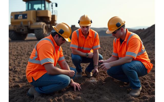 Специалисты по реабилитации, работающие над восстановлением почвенного профиля на бывшем горнодобывающем участке, с использованием тяжелой техники и органических материалов.