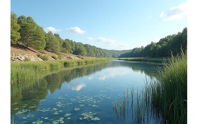Чистый водоем с местной водной флорой и фауной, созданный в рамках проекта реабилитации на бывшем горнодобывающем участке.
