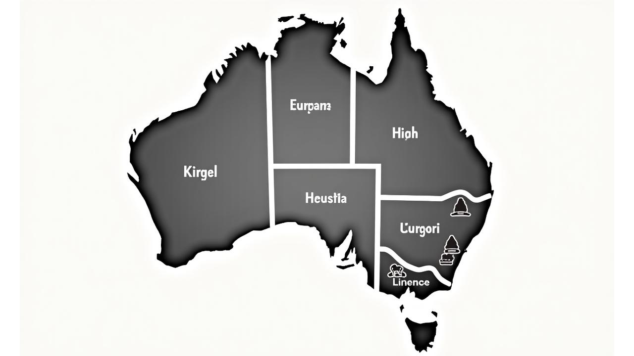 Стилизованная интерактивная карта Австралии, подсвечивающая штаты с различными требованиями к лицензированию горнодобывающей деятельности. На карте изображены символы, обозначающие разные типы лицензий и соответствующий правовой статус.