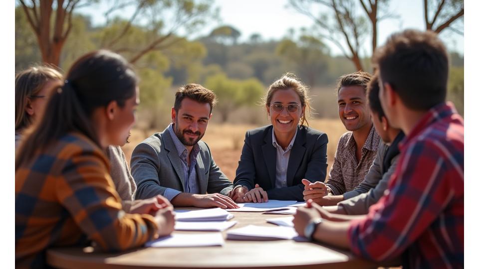 Иллюстрация, изображающая процесс консультаций и переговоров между представителями горнодобывающей компании (в деловой одежде) и лидерами общин коренных народов (в традиционной или повседневной одежде). Фон символизирует австралийский ландшафт. Акцент на диалоге и взаимопонимании.