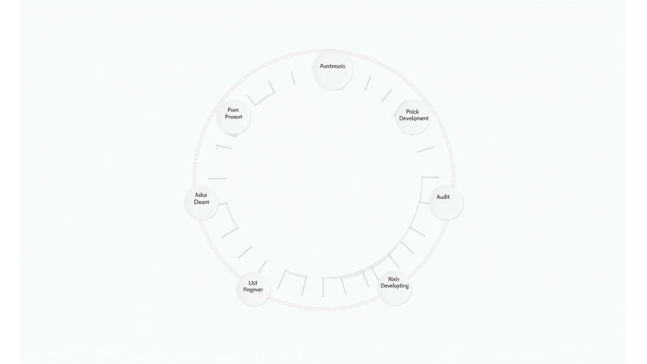 Изображение циклической диаграммы, демонстрирующей процесс управления соответствием: от оценки рисков и разработки политик до обучения, мониторинга и аудита. Элементы диаграммы содержат иконки, символизирующие каждый этап, и стрелки, указывающие на непрерывность процесса.