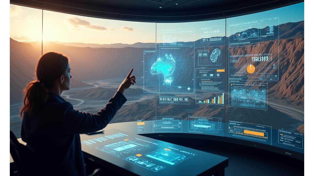 Футуристический голографический дисплей горнодобывающих операций с наложенными данными