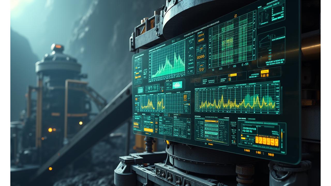 Горное оборудование с наложенными футуристическими индикаторами состояния